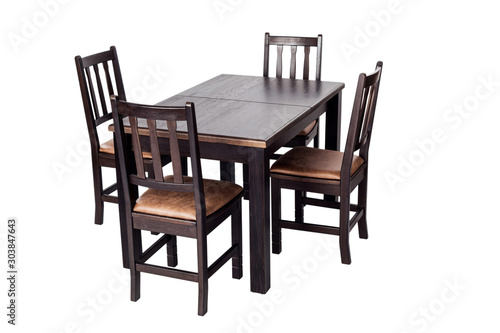 Table and four chairs for kitchen  isolated on white background. Furniture made of natural wood.