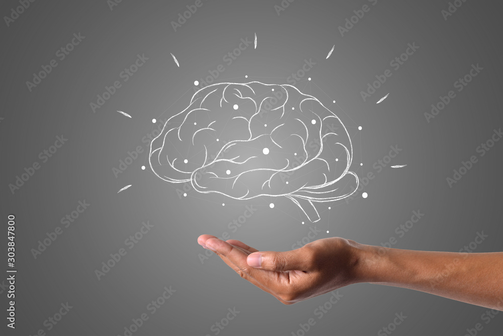 brain writes with white chalk is on hand, draw concept. brain writes with white chalk is on hand, draw concept.