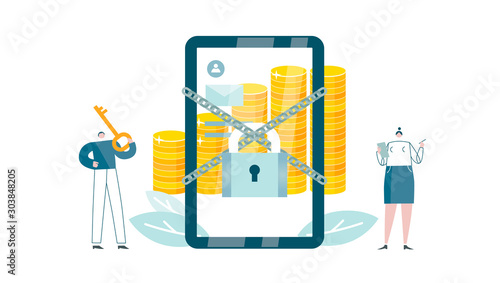 Bank software for smartphones locks access. Protection for money account. Virtual assistant requests password. Client sends message with verification code. Vector illustration EPS 10 isolated on white photo