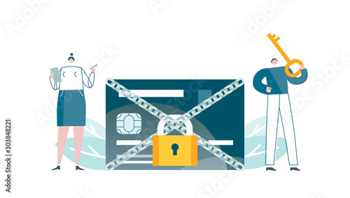 Bank software locks access to credit card. Protection for money account. Virtual assistant requests password. Client sends message with verification code. Vector illustration EPS 10 isolated on white