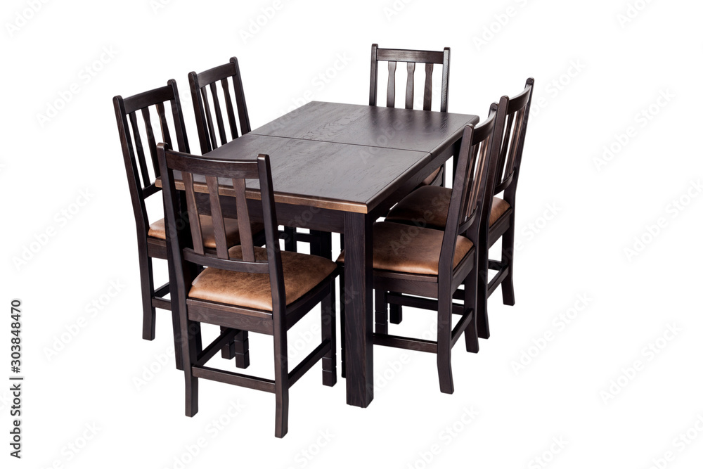Table and six chairs for kitchen, isolated on white background. Furniture made of natural wood. Table and six chairs for kitchen, isolated on white background. Furniture made of natural wood.