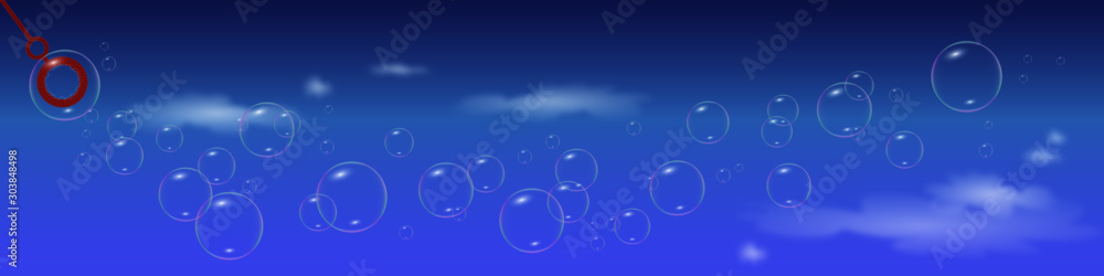 Innumerevoli bolle di sapone che fluttuano nel cielo blu con qualche nuvola.