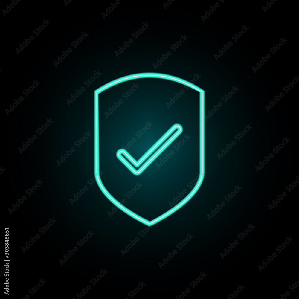 Shield with a tick neon icon. Simple thin line, outline vector of web icons for ui and ux, website or mobile application Shield with a tick neon icon. Simple thin line, outline vector of web icons for ui and ux, website or mobile application
