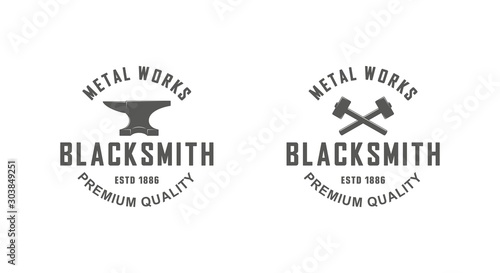 Color illustration a set of blacksmith logos on a white background. Vector illustration of anvil, crossed hammers and text. Professional metal work