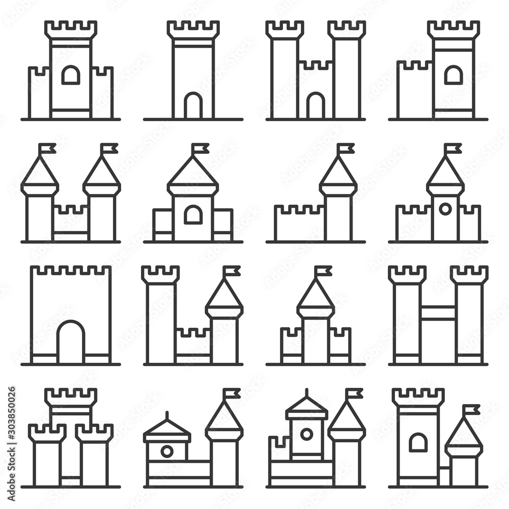 Castle Icon Set on White Background. Line Style Vector