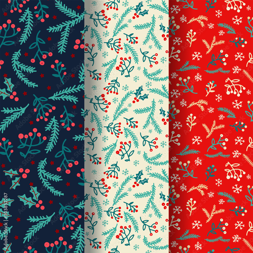 Winter seamless pattern set with decorative winter elements. Vector design. Background with hand drawn doodles. Holiday decoration - spine, fir, berry, snowflakes Winter seamless pattern set with decorative winter elements. Vector design. Background with hand drawn doodles. Holiday decoration - spine, fir, berry, snowflakes