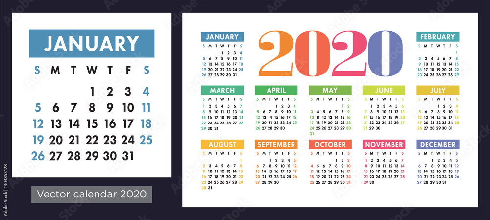 Calendar 2020 vector pocket basic grid. Simple design template. Colorful kid's calender Calendar 2020 vector pocket basic grid. Simple design template. Colorful kid's calender