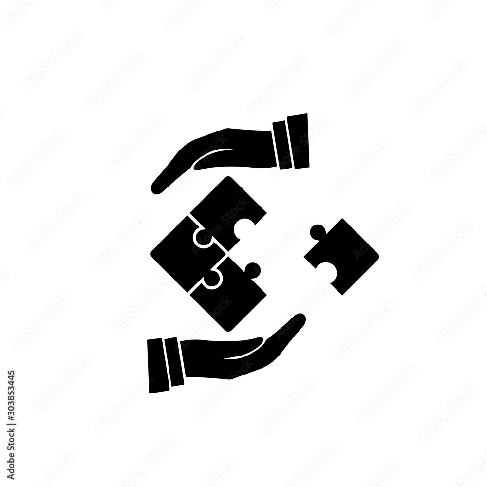 Puzzle in hands vector icon illustration on white background. Business concept. Symbol of teamwork, cooperation, partnership Puzzle in hands vector icon illustration on white background. Business concept. Symbol of teamwork, cooperation, partnership