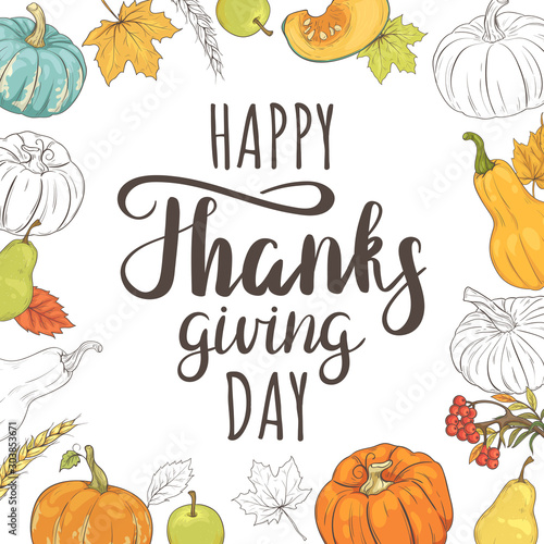 Fototapeta Naklejka Na Ścianę i Meble -   Happy Thanksgiving Greeting Card with Pumpkins, Apples, Pears and Autumn Foliage