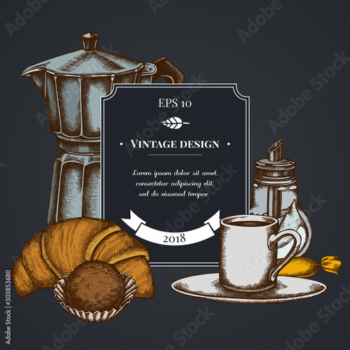 Dark badge design with candies, croissants and bread, espresso cup, coffee pot, sugar bowl, truffle