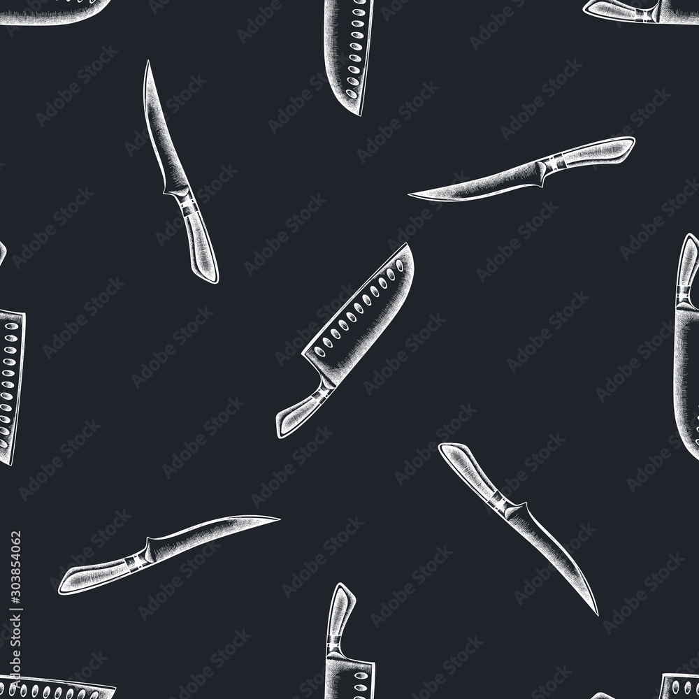 Seamless pattern with hand drawn chalk Chef s knifes Seamless pattern with hand drawn chalk Chef s knifes