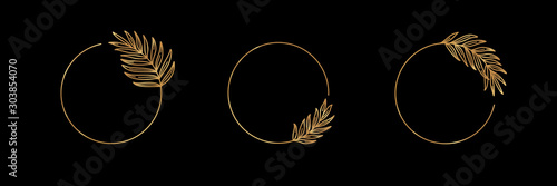 Set of Logos with Golden tropical palm leaf. Round frame in trendy minimal linear style. Vector Emblem with Palm Branch. Template for logo cosmetics, beauty Studio, hairdresser, hand made, jewelry