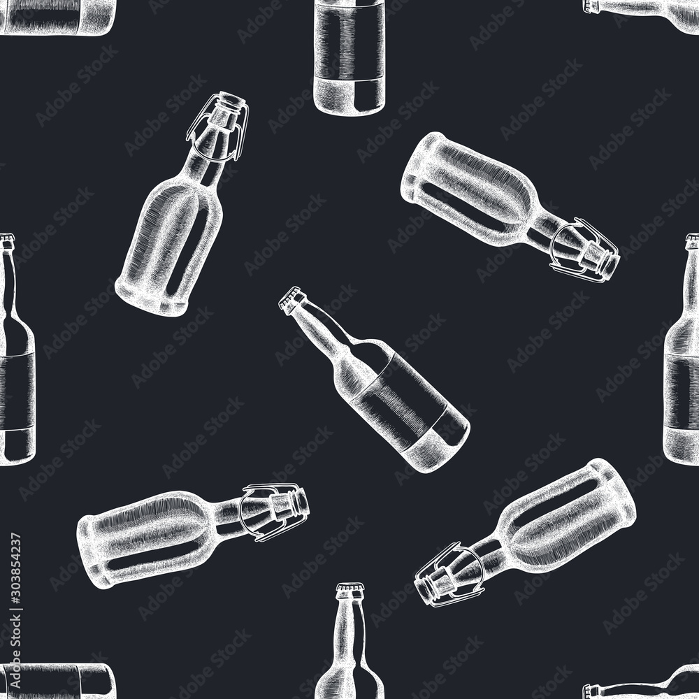 Seamless pattern with hand drawn chalk bottles of beer Seamless pattern with hand drawn chalk bottles of beer