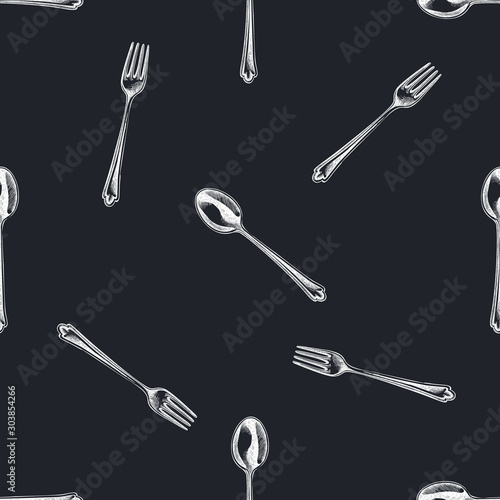 Seamless pattern with hand drawn chalk spoon, fork