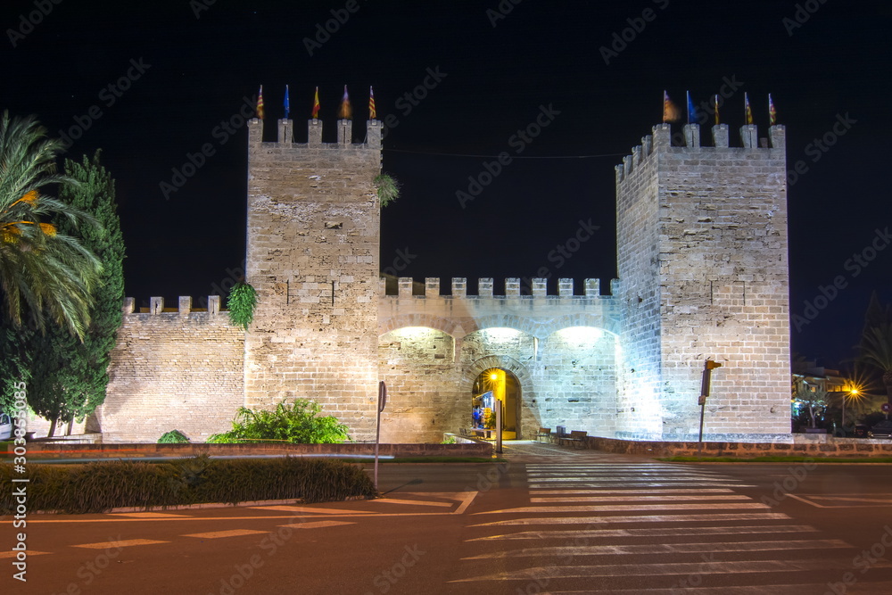 Alcudia old town walls at night, Mallorca, Balearic islands, Spain