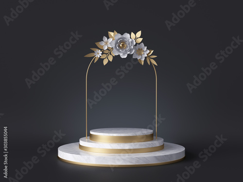 3d rendering of white marble pedestal isolated on black background. Golden arch decorated with paper flowers. Cylinder steps, abstract minimal concept, blank space, clean design, fashion mockup