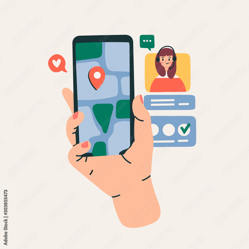 Hand holding phone with Navigation map. Call center lady. Communication, social networking concept. Stylized hand drawn vector illustration for Mobile Application or web sites and banner design
