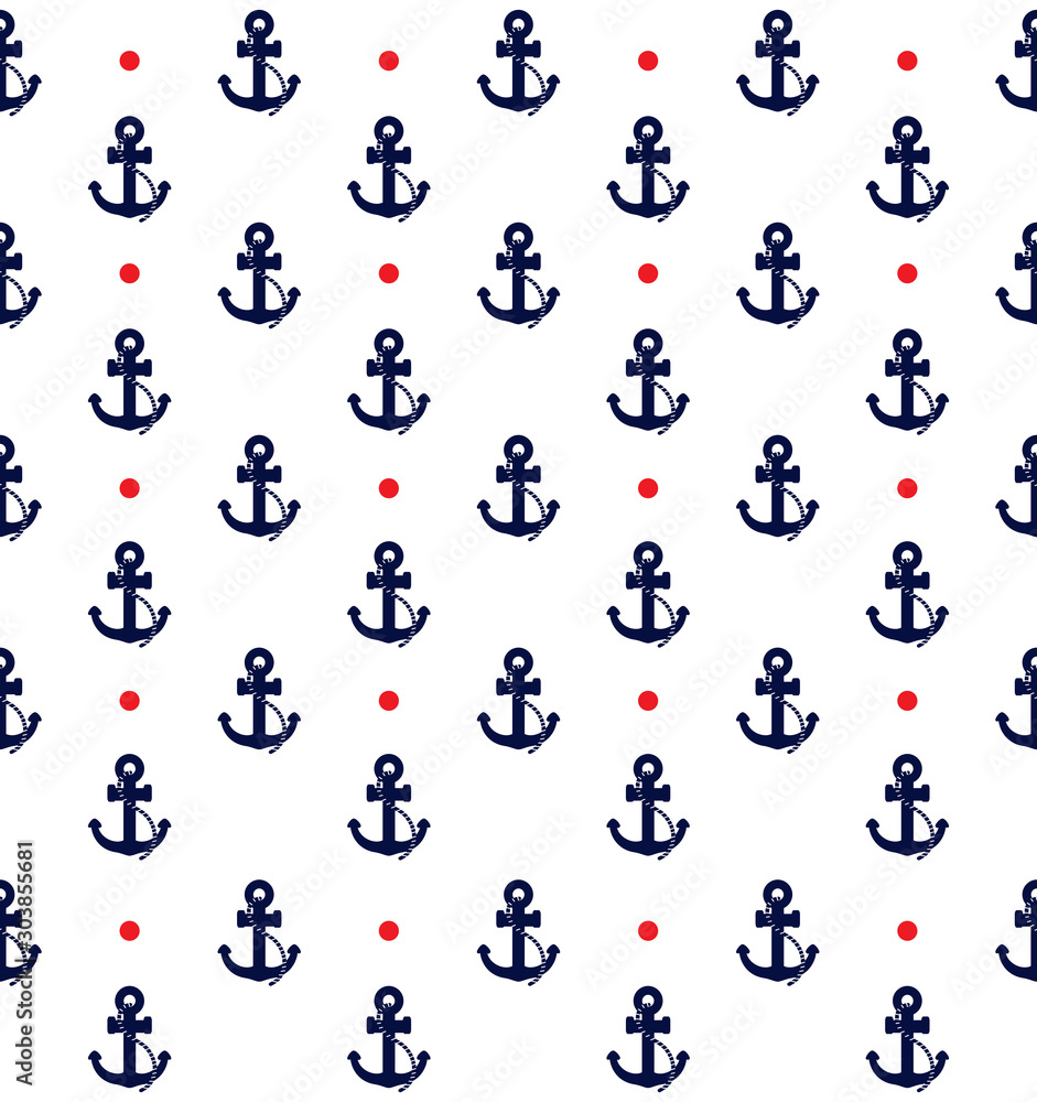 Anchor pattern with red polka dots. Nautical seamless background design. Anchor pattern with red polka dots. Nautical seamless background design.