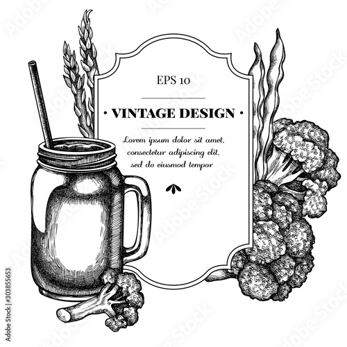 Badge design with black and white broccoli, green beans, smothie jars