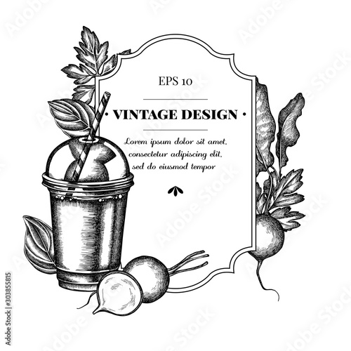 Badge design with black and white radish, greenery, basil, smoothie cup