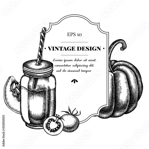 Badge design with black and white cherry tomatoes, pumpkin, smothie jars