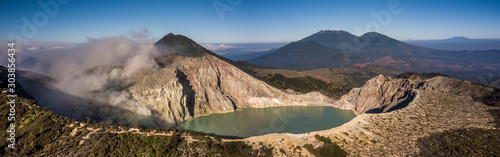 Volcano crater in Jawa with an acid lake aerial panorama