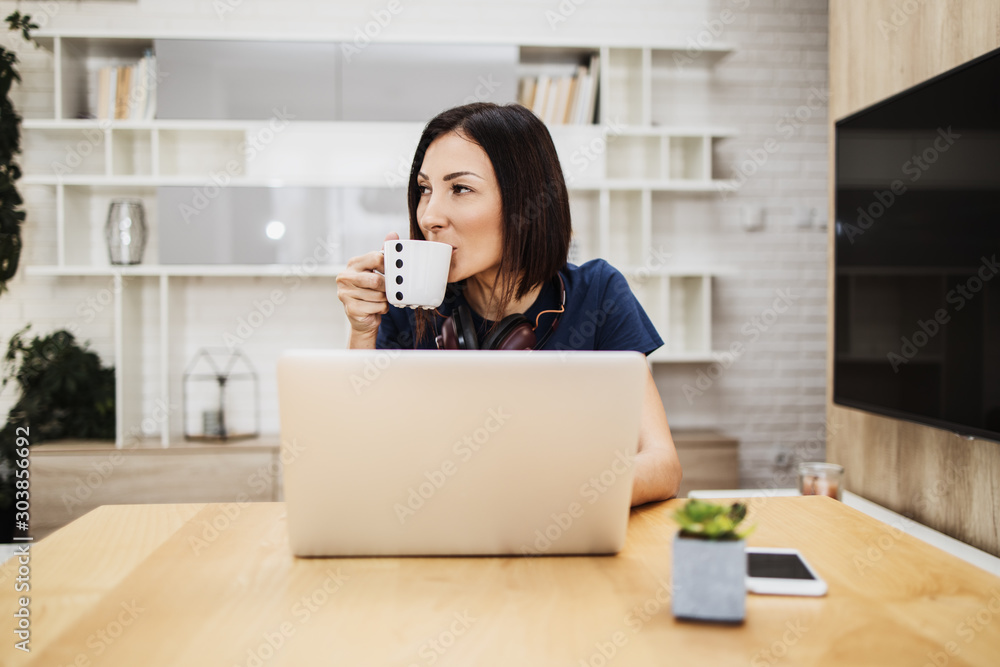 Attractive and happy middle age female freelancer is working and smiling at her home. Modern living room in background. Freelancing job concept. Attractive and happy middle age female freelancer is working and smiling at her home. Modern living room in background. Freelancing job concept.