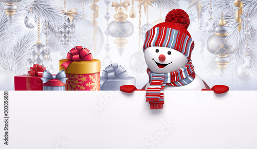 3d render of cute smiling snowman character and gift boxes, decorated Christmas tree, hanging ornaments, balls. Winter holidays background, blank banner, greeting card template, digital illustration