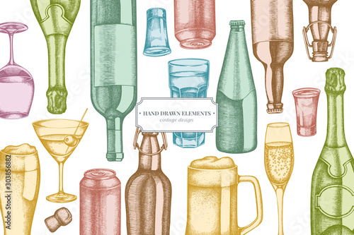Design with pastel glass, champagne, mug of beer, alcohol shot, bottles of beer, bottle of wine, glass of champagne, glass of wine, glass of martini, aluminum can
