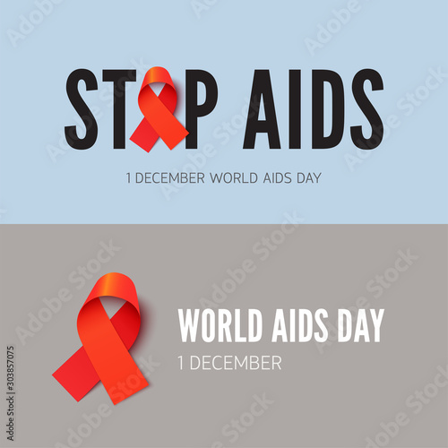 Stop AIDS, HIV awareness banner vector templates set. People with acquired immune deficiency syndrome support campaign. Medical disease tolerance, health care concern poster concept with red ribbon