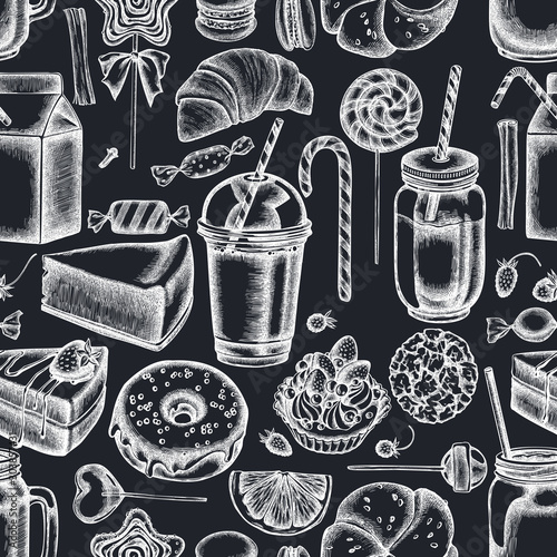 Seamless pattern with hand drawn chalk cinnamon, macaron, lollipop, bar, candies, oranges, buns and bread, croissants and bread, strawberry, milk boxes, smoothie cup, lollipop, smothie jars