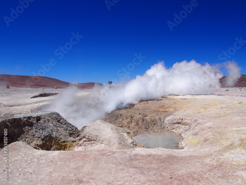 Sol de Mañana, Sol de Mañana (Morning Sun) is an active geothermal field, A geyser that smells of sulfur, Journey from San Pedro de Atacama in Chile to Uyuni in Bolivia