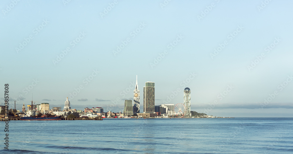 Early morning view of the the capital of Adjara - Batumi city from the opposite shore of the bay on the Black Sea in Georgia
