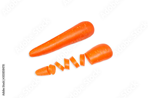 Fresh carrot and cut pieces isolated on white background as package design element.