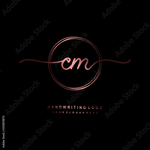 CM Initial handwriting logo design with circle lines dark pink gradation color. handwritten logo for fashion, beauty, team, wedding, luxury logo