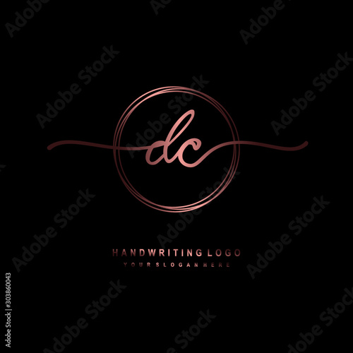 DC Initial handwriting logo design with circle lines dark pink gradation color. handwritten logo for fashion, beauty, team, wedding, luxury logo