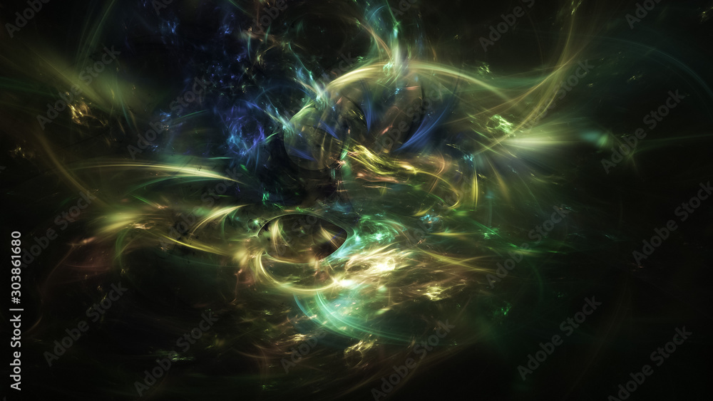 Abstract green and golden glowing shapes. Fantasy light background. Digital fractal art. 3d rendering. Abstract green and golden glowing shapes. Fantasy light background. Digital fractal art. 3d rendering.
