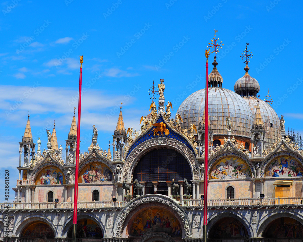 View of the exterior of the Saint Mark's Basilica (Basilica di San Marco) in Venice, Italy
