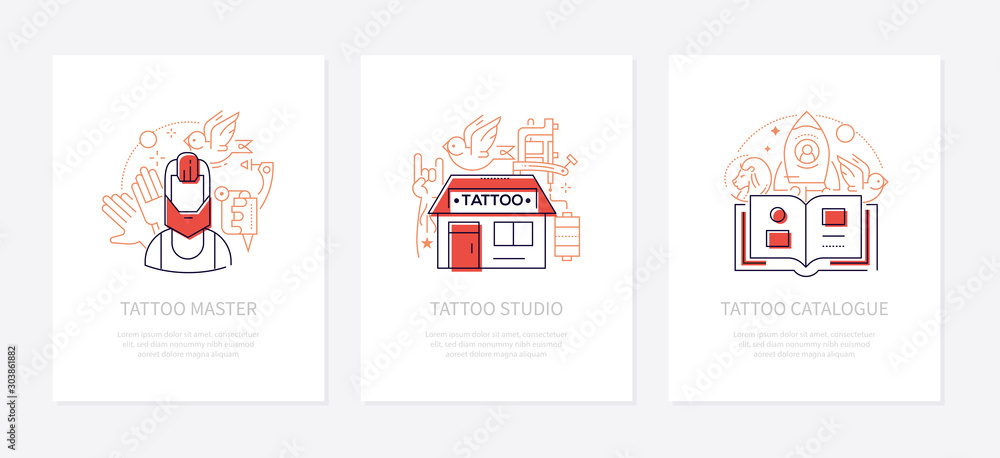 Tattoo studio - vector line design style banners set
