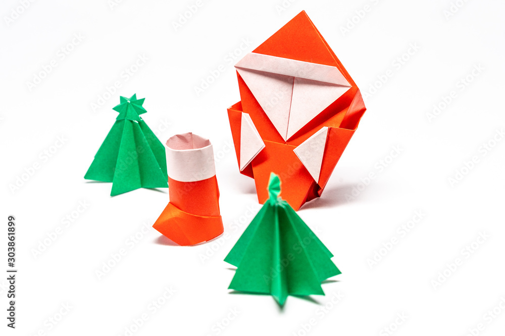 折り紙のサンタクロースと靴下とツリー Stock Photo Adobe Stock