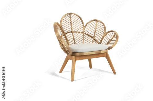 Chair natural wood single seat with rattan material, comfortable for interior/exterior furniture, isolated on white background