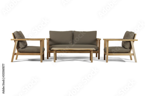 Chair natural wood single seat with rattan material, comfortable for interior/exterior furniture, isolated on white background