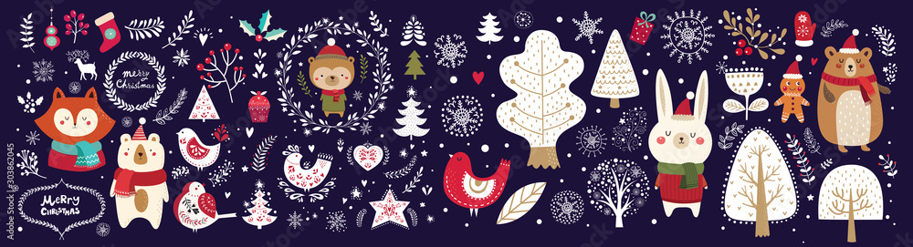 Christmas vector collection with cute fox, bear, bunny, bird and floral elements on dark blue background.  - obrazy, fototapety, plakaty 