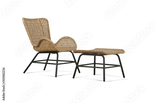 Chair natural wood single seat with rattan material, comfortable for interior/exterior furniture, isolated on white background