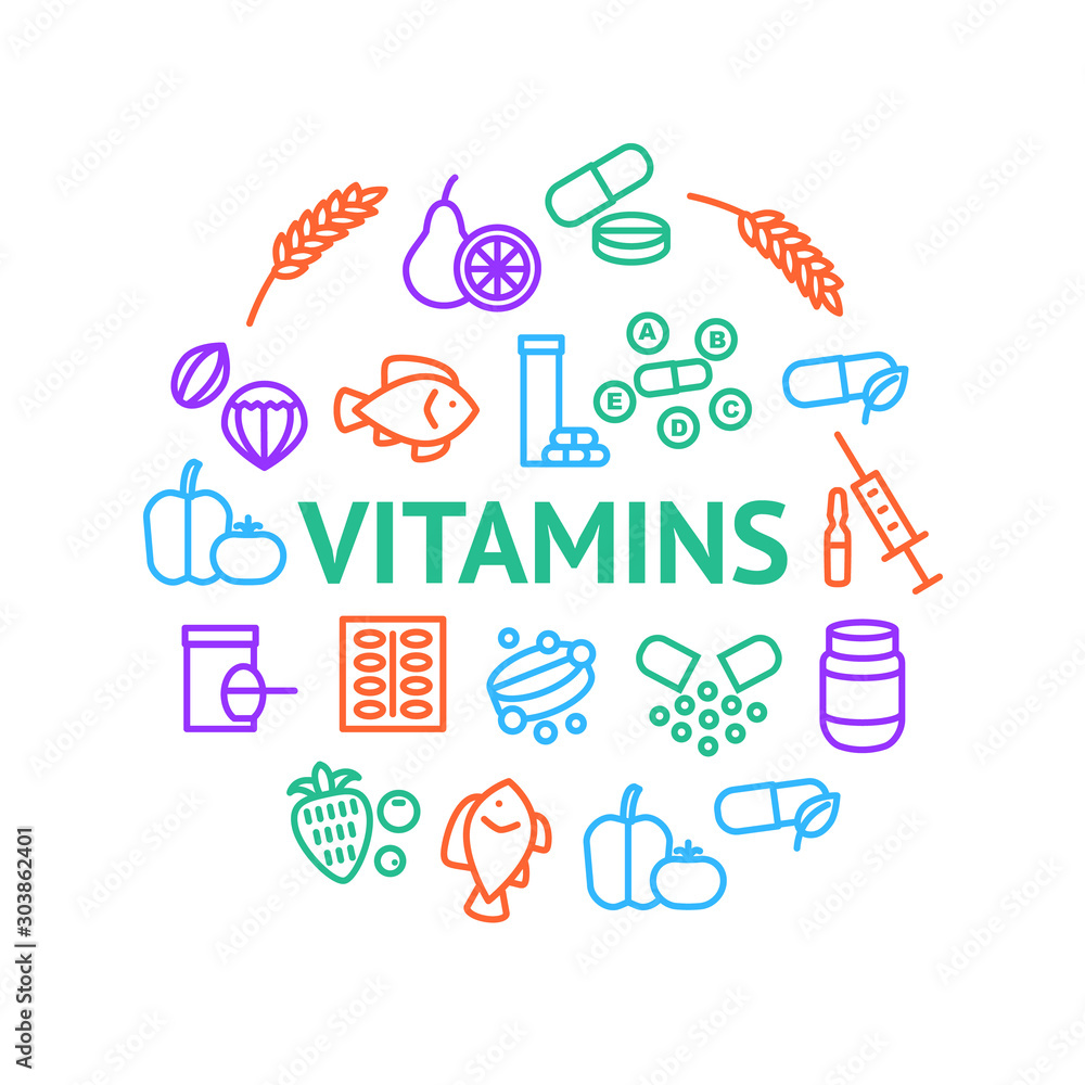 Vitamin and Dietary Signs Thin Line Round Design Template Ad. Vector Vitamin and Dietary Signs Thin Line Round Design Template Ad. Vector