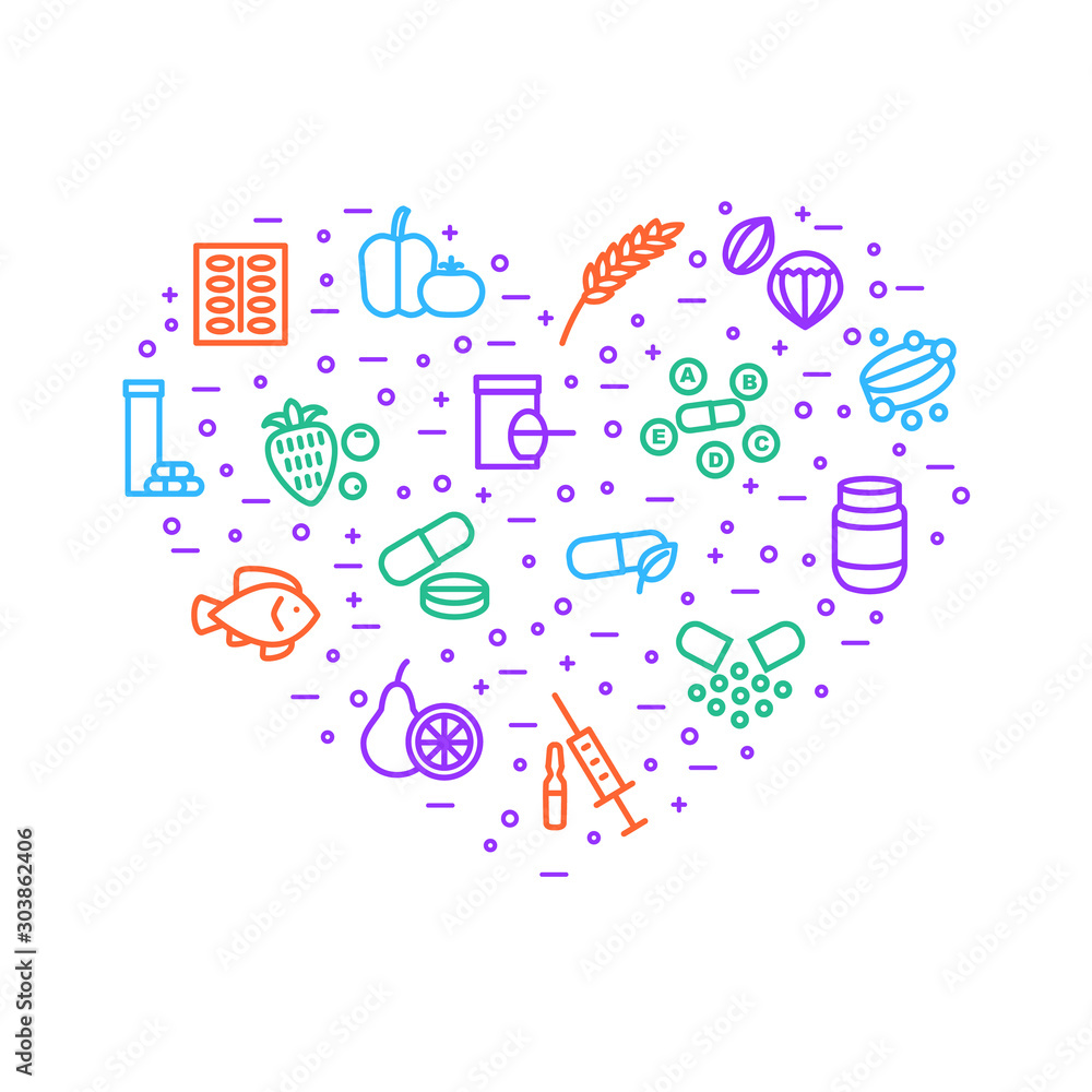 Vitamin and Dietary Signs Thin Line Heart Shape Design Template. Vector Vitamin and Dietary Signs Thin Line Heart Shape Design Template. Vector