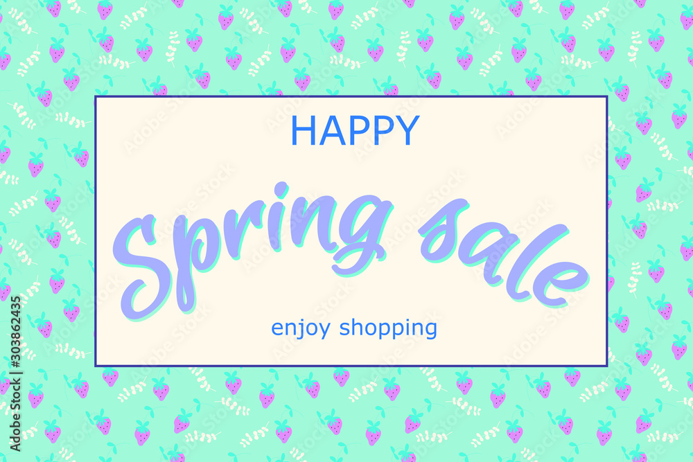 Spring sale banner template with beautiful colorful strawberry pattern on blue background, for shopping sale. banner design. Poster, card, web banner. Vector illustration