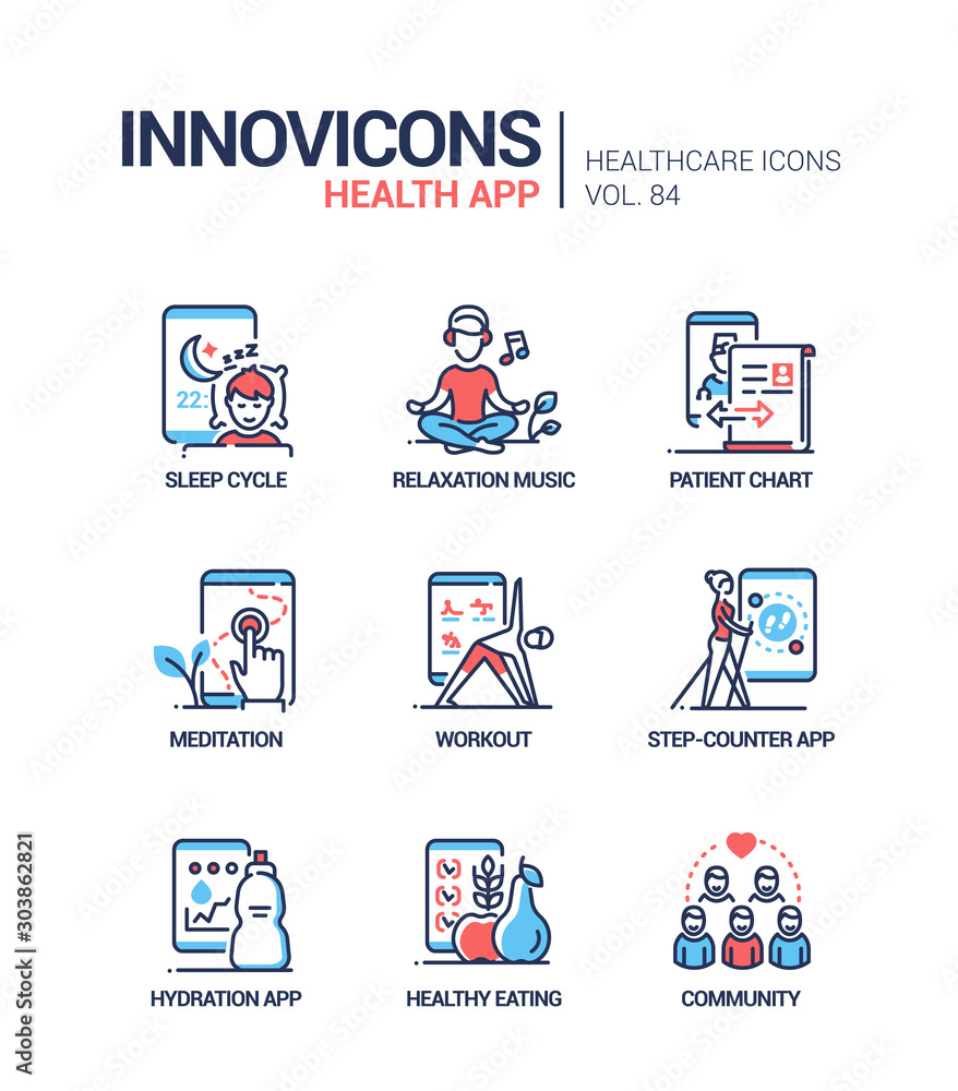 Health mobile app line design style icons set