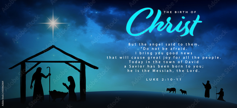 Christmas time. Manger with baby Jesus, Mary, Joseph and star of Bethlehem.  Text: The Birth of Christ and Luke 2:10-11 Stock Illustration | Adobe Stock