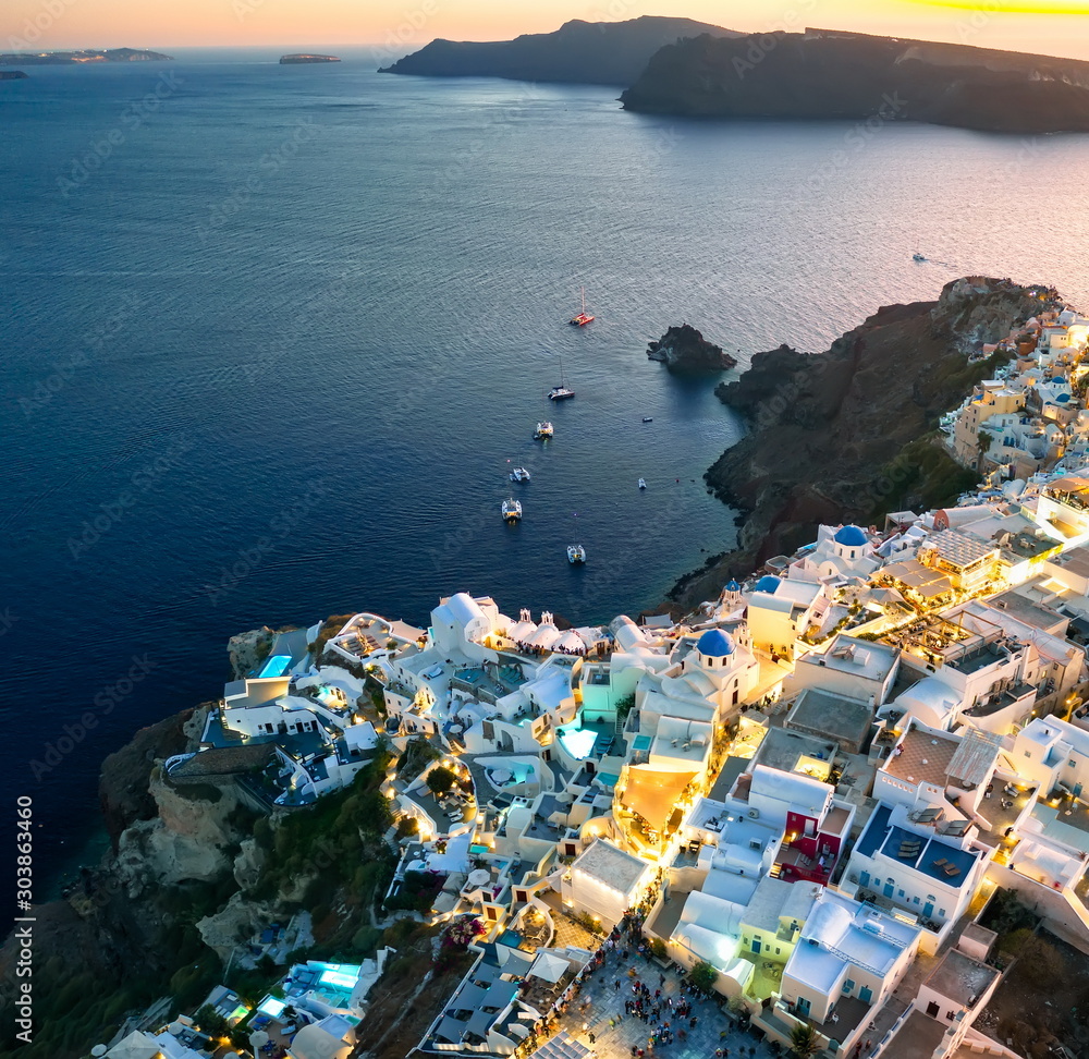 Santorini panorama oia cityscape greece, greek cyclades island travel, seaside resort, white houses